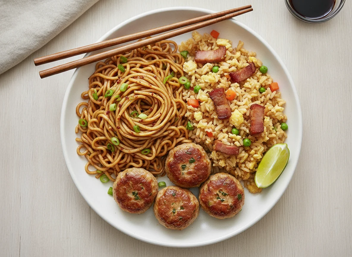 Instant Noodles with Meatballs and Fried Rice photo