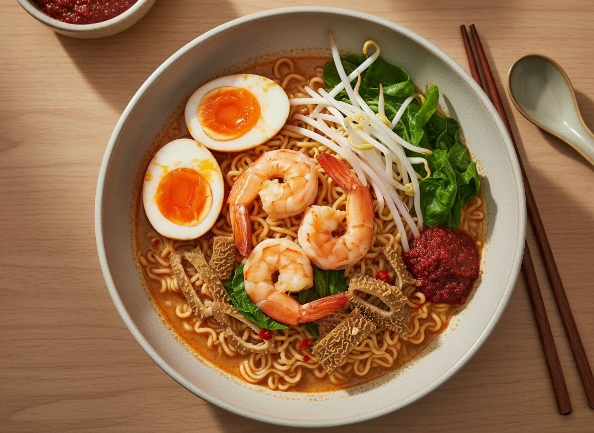 Instant Noodles with Prawns, Egg, and Tripe photo