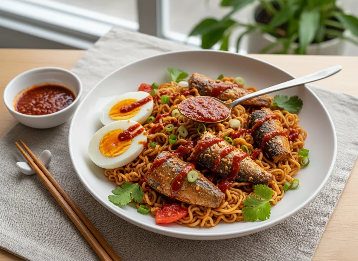 Instant noodles with sardines and boiled eggs photo