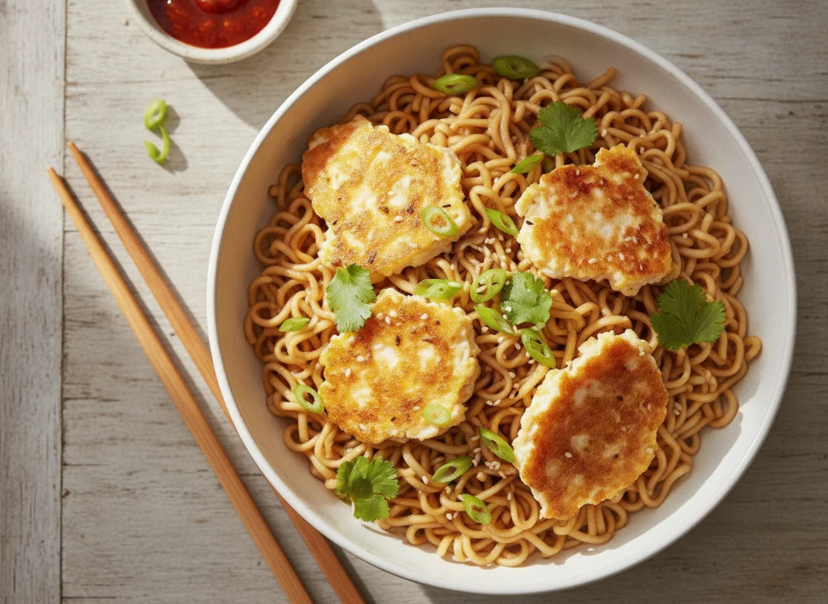 Instant noodles with scrambled egg photo