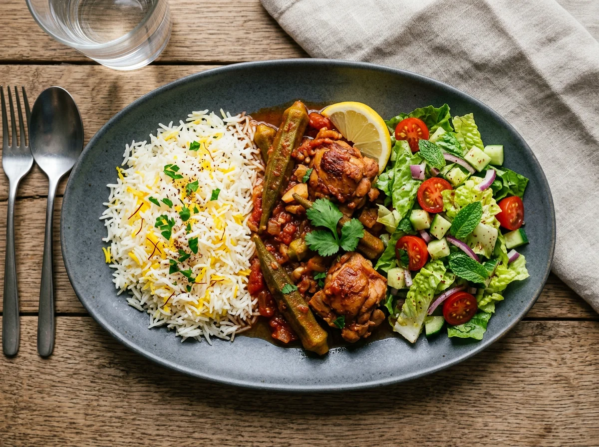 Iraqi Chicken, Rice, Okra Stew and Salad photo