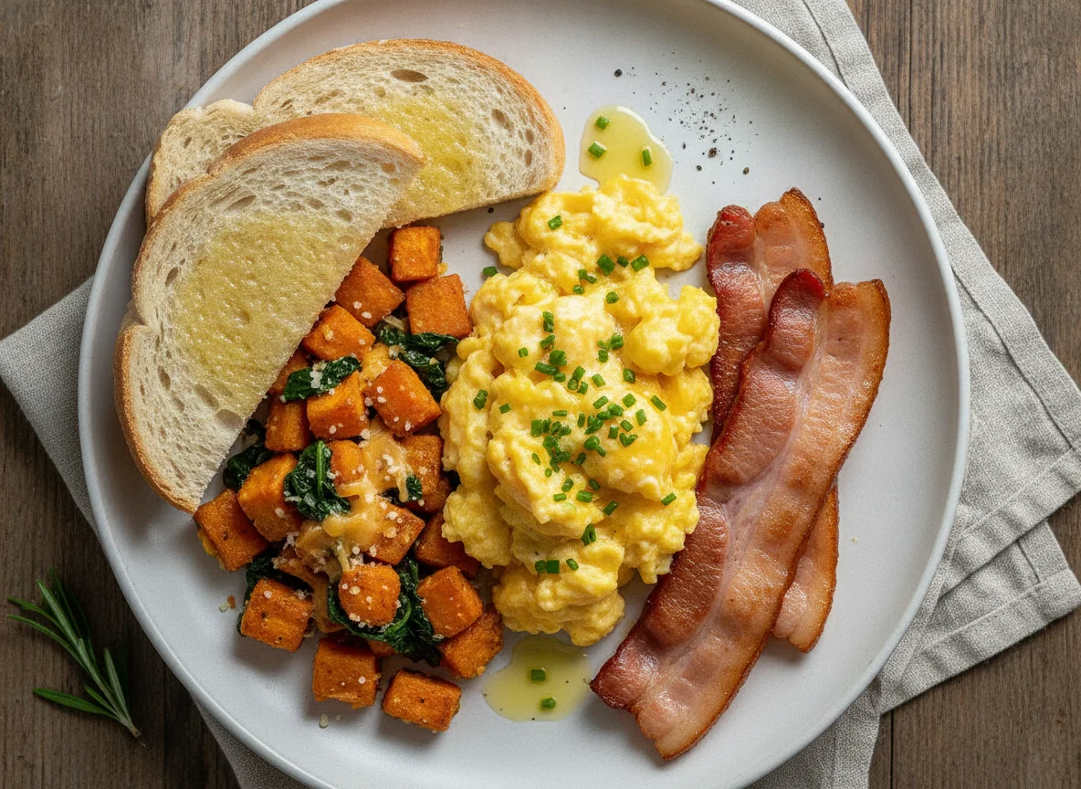 Irish Breakfast with Scrambled Eggs, Bacon, and Sweet Potato Hash photo