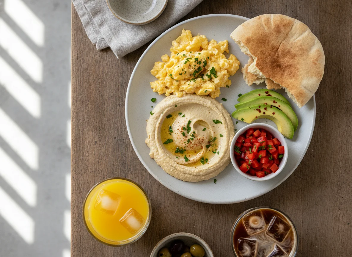 Israeli Breakfast Plate with Scrambled Eggs, Hummus, and Avocado photo