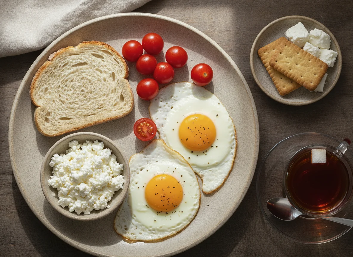 Israeli breakfast with fried eggs, bread, and cheese photo