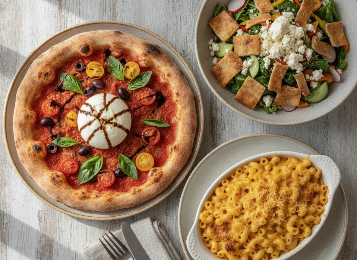 Israeli Cafe Meal: Burrata Pizza, Fattoush Salad, and Macaroni and Cheese photo