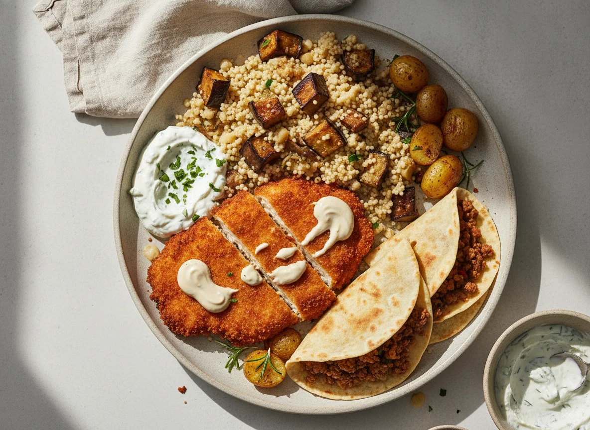 Israeli Couscous and Schnitzel Platter with Tortilla photo