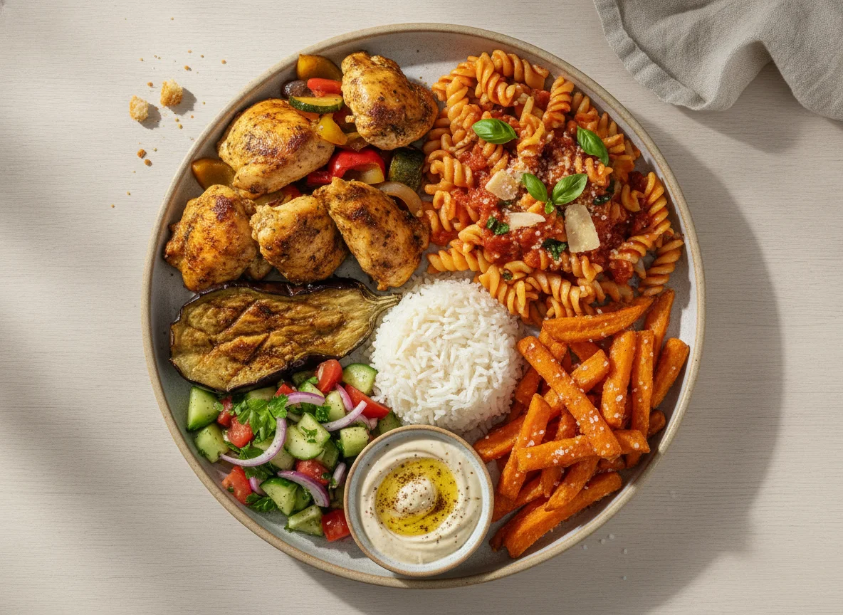 Israeli lunch plate with chicken, vegetables, and pasta photo