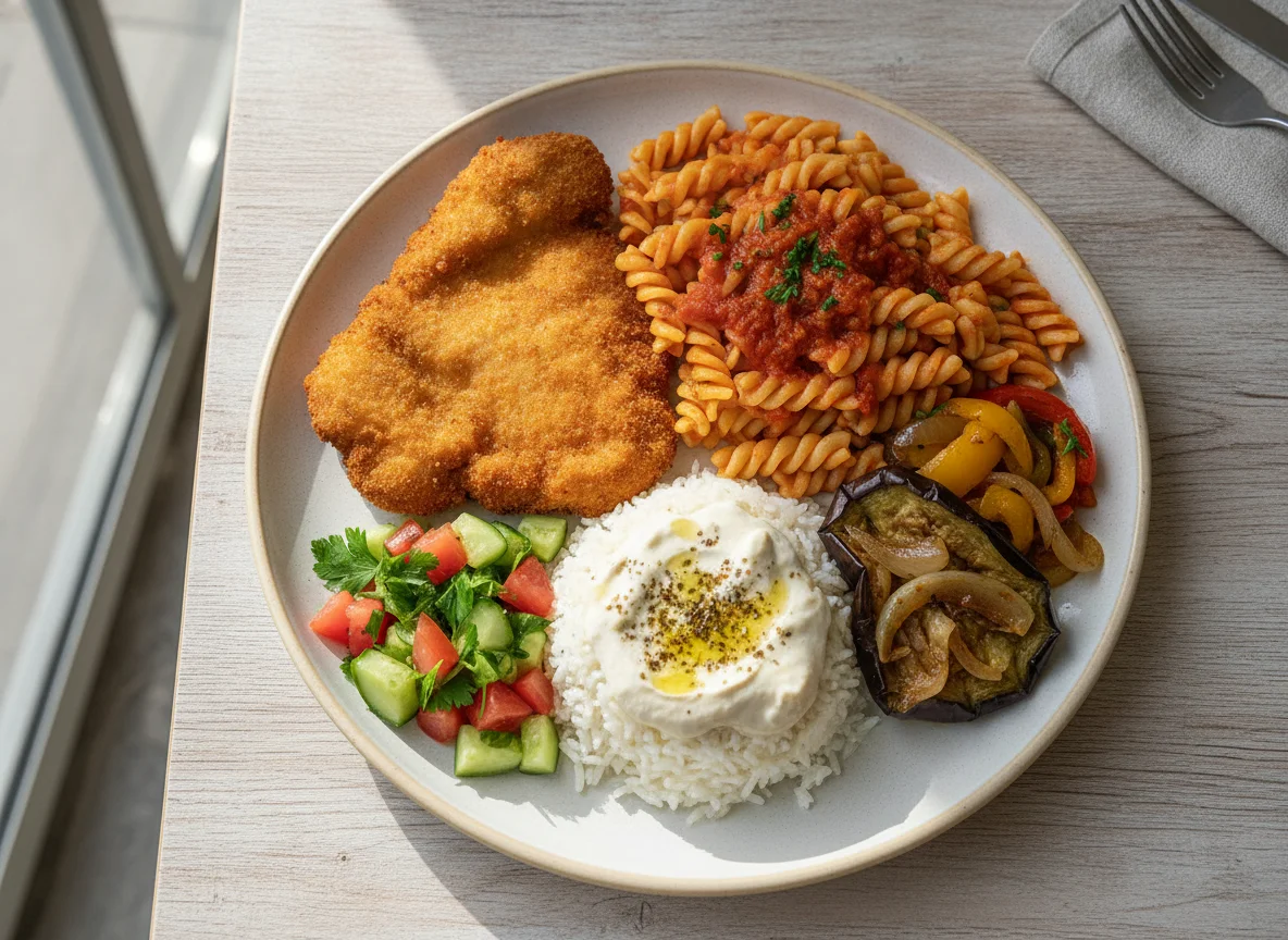 Israeli Lunch Plate with Schnitzel, Pasta, and Salad photo