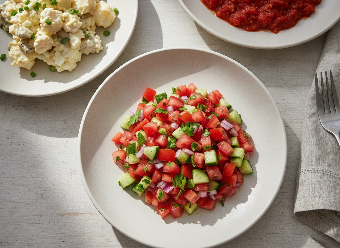 Israeli Salad, Potato Salad, and Matbucha photo