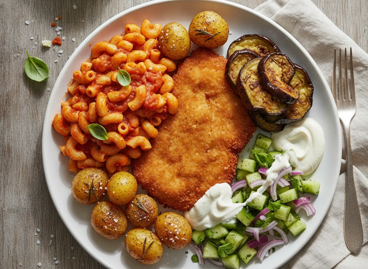 Israeli Schnitzel and Pasta Plate photo