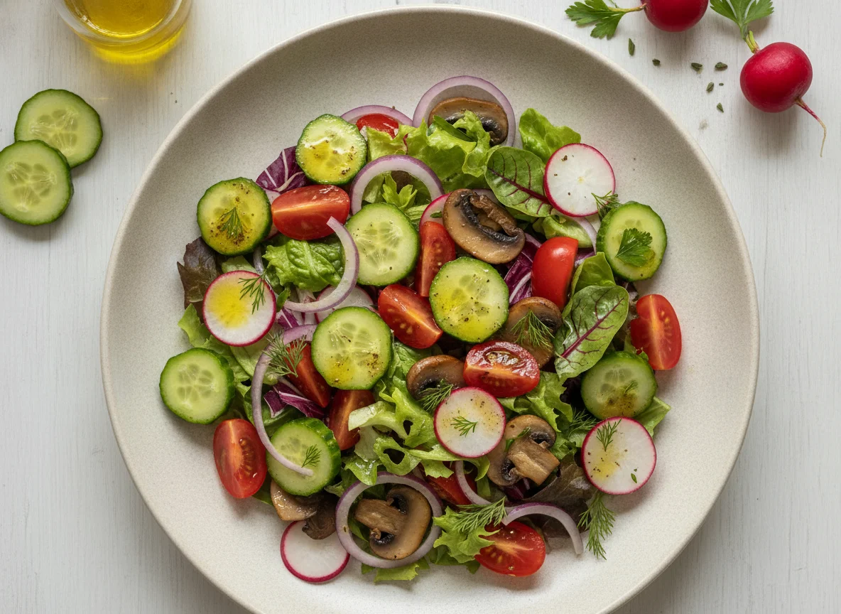 Israeli Vegetable Salad with Mushrooms and Radish photo