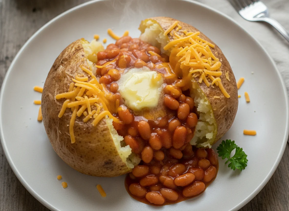 Jacket potato with baked beans and cheddar cheese photo