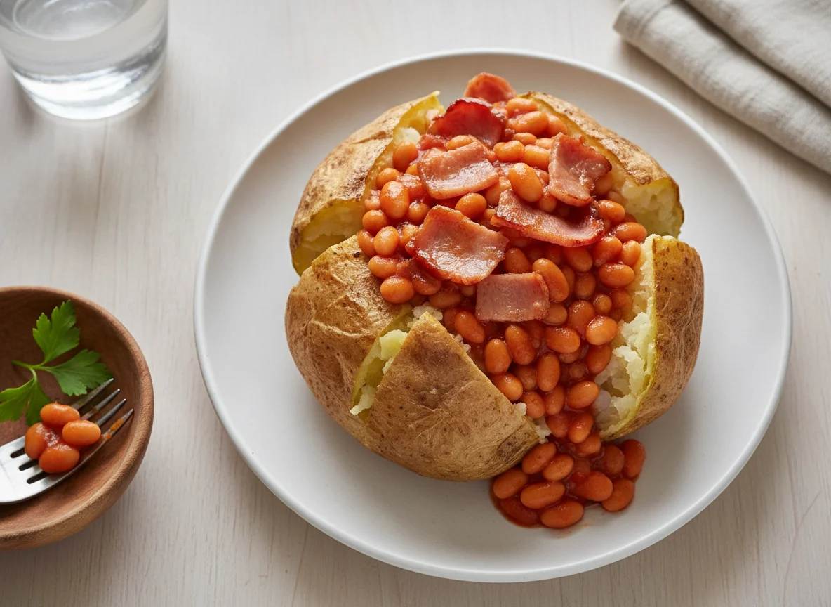 Jacket Potato with Baked Beans and Ham photo
