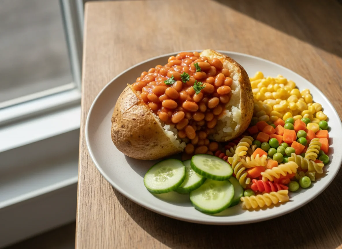 Jacket potato with baked beans and mixed vegetables photo