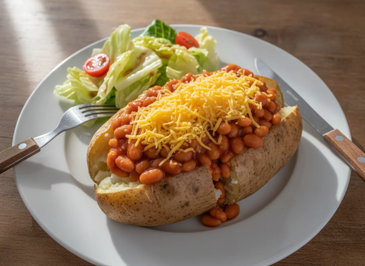 Jacket potato with baked beans and side salad photo