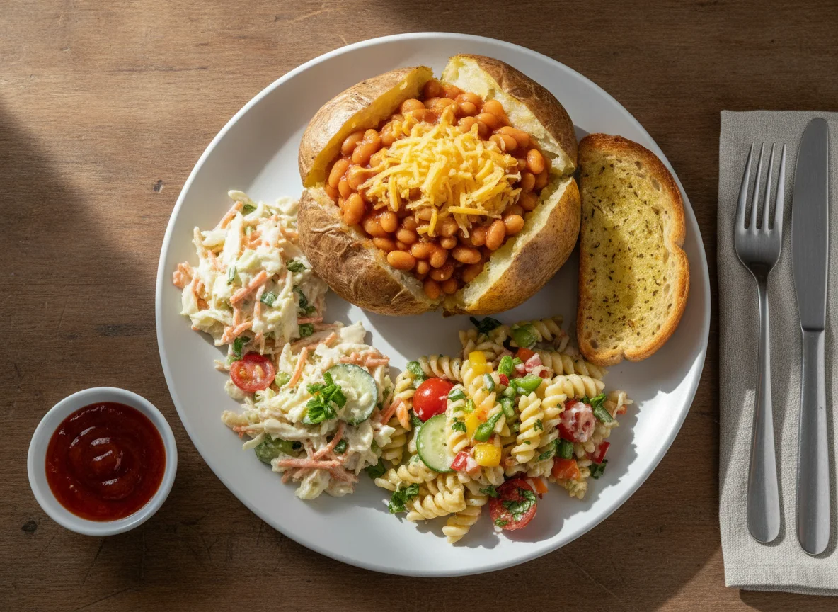 Jacket potato with baked beans, cheese, pasta salad, and coleslaw photo