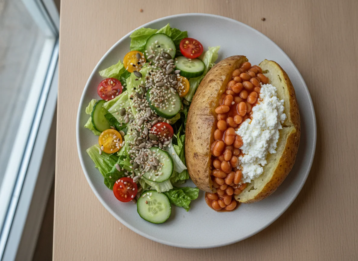 Jacket potato with baked beans, cottage cheese and side salad photo