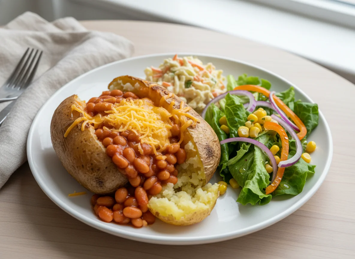 Jacket Potato with Beans, Cheese, Coleslaw and Side Salad photo
