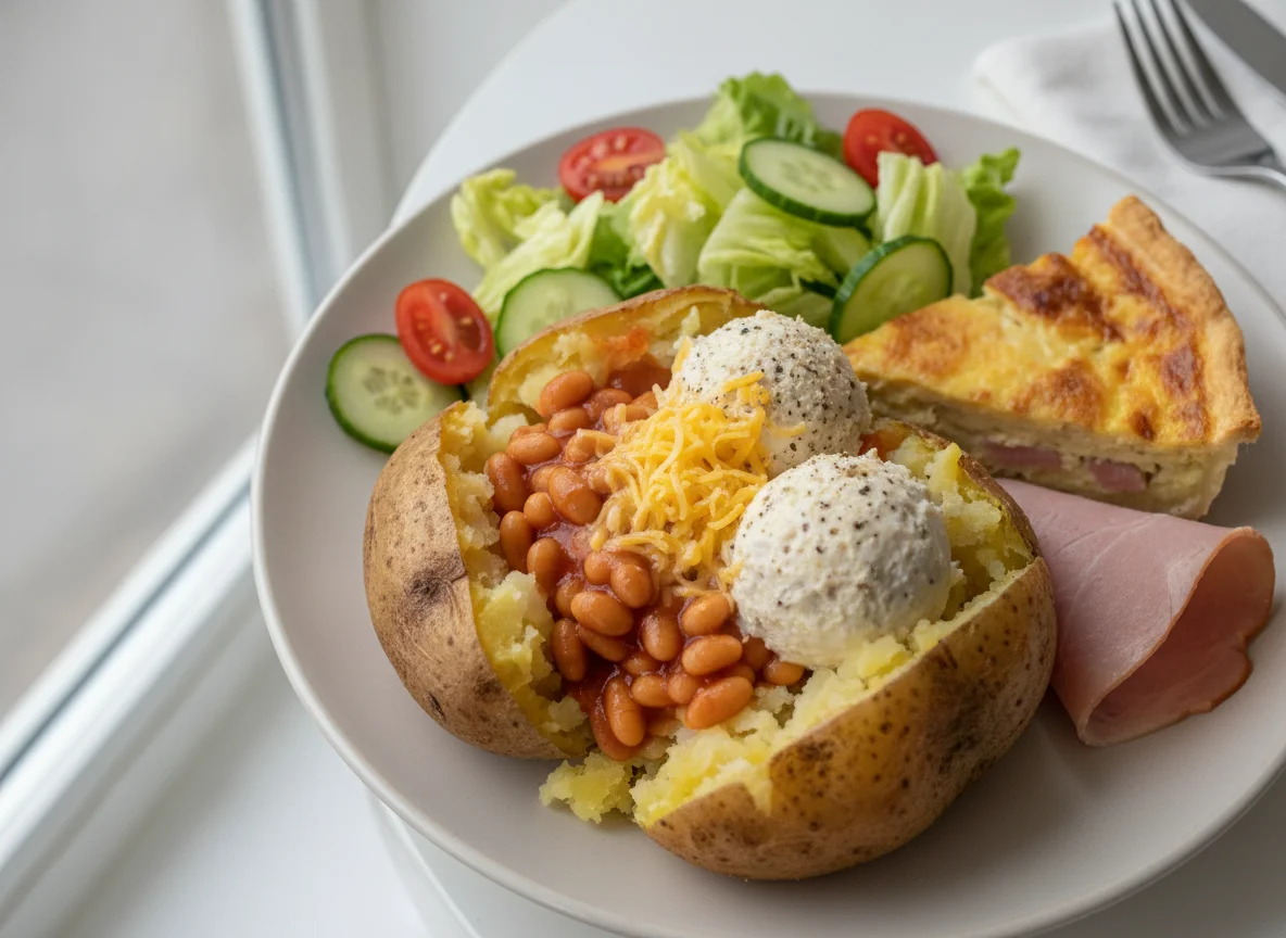 Jacket potato with beans, cheese, tuna mayo, quiche and salad photo
