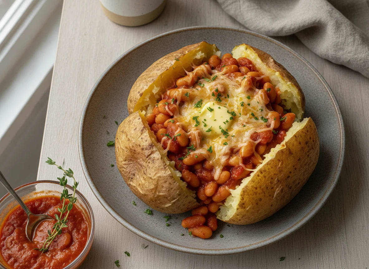 Jacket potato with butter beans and cheese photo