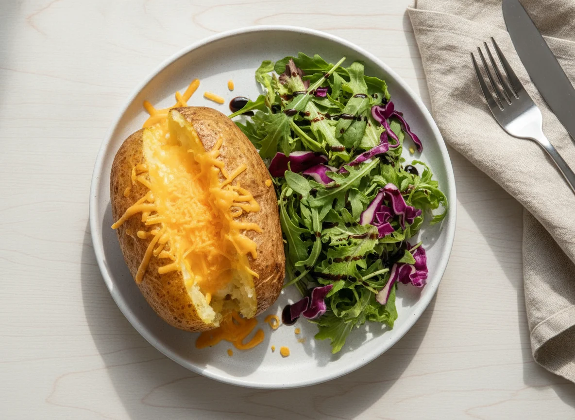 Jacket potato with cheese and side salad photo