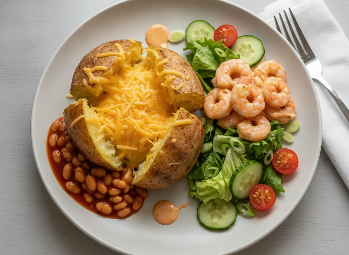 Jacket potato with cheese, baked beans, and prawn salad photo