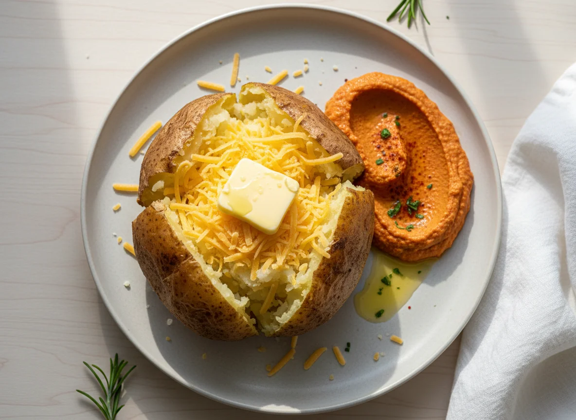 Jacket Potato with Cheese, Butter and Hummus photo