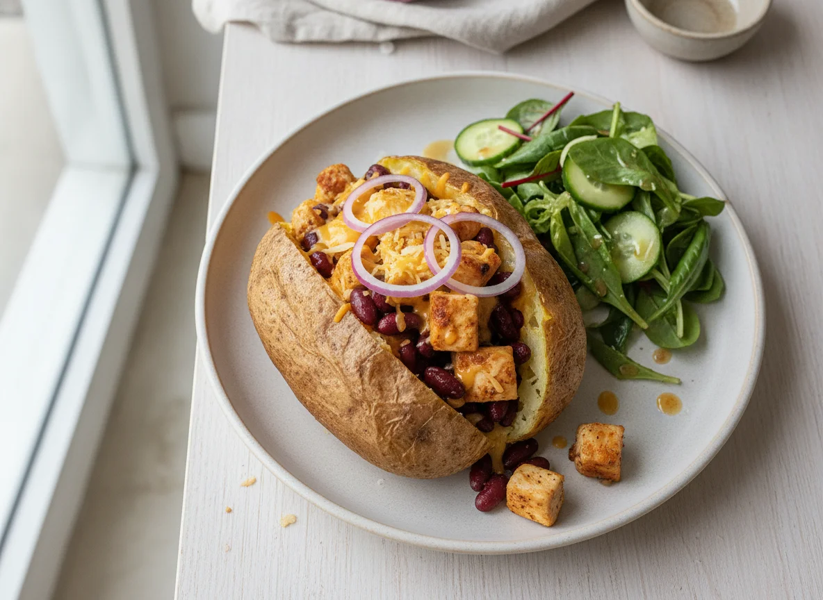 Jacket potato with chicken, beans and side salad photo