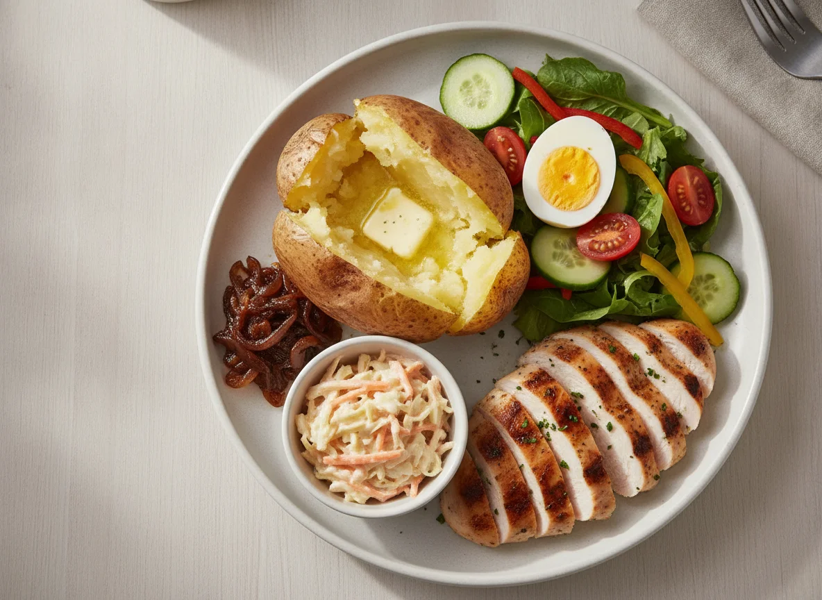 Jacket potato with chicken, salad and coleslaw photo