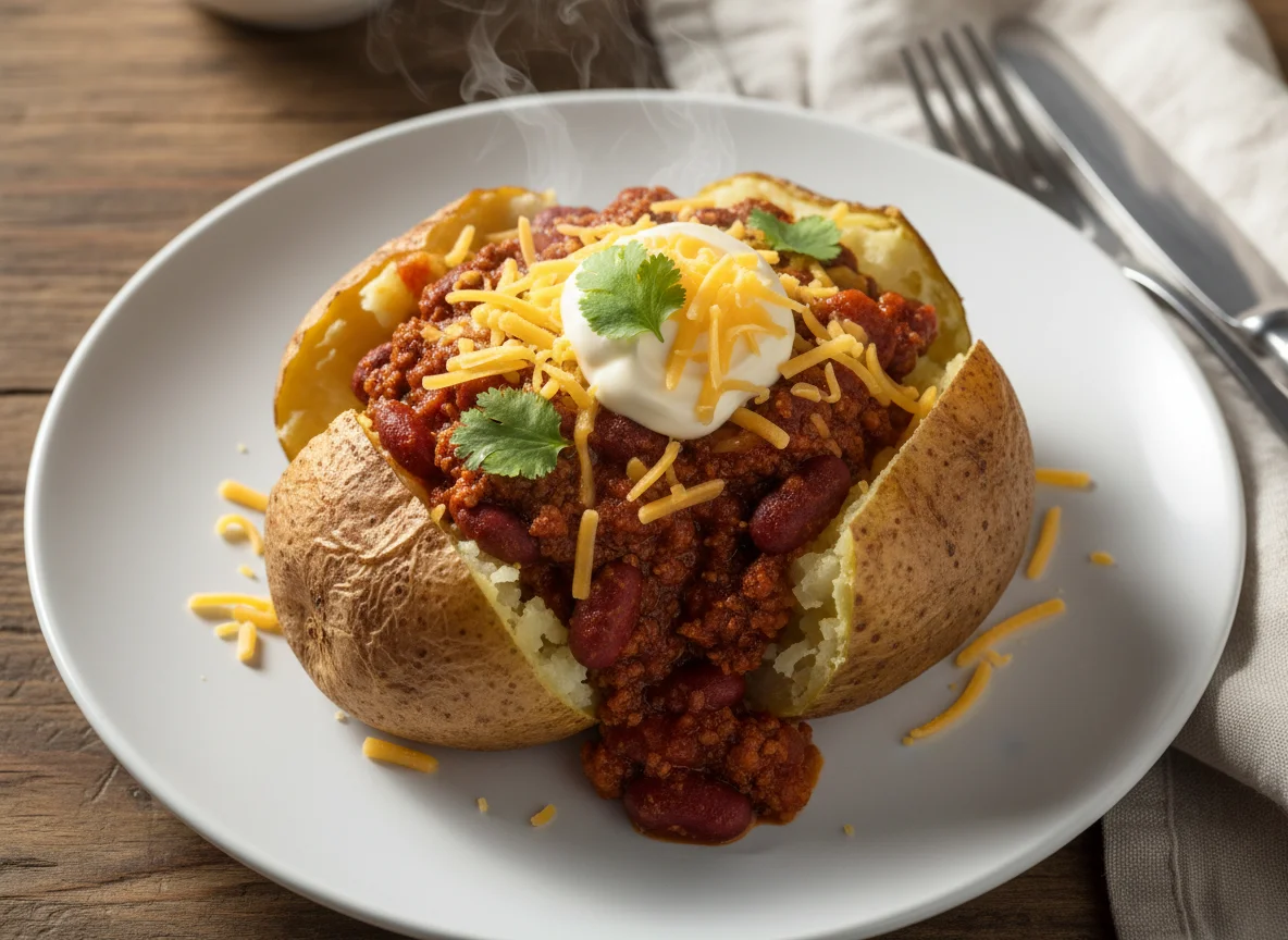Jacket Potato with Chili Con Carne, Cheese and Mayonnaise photo