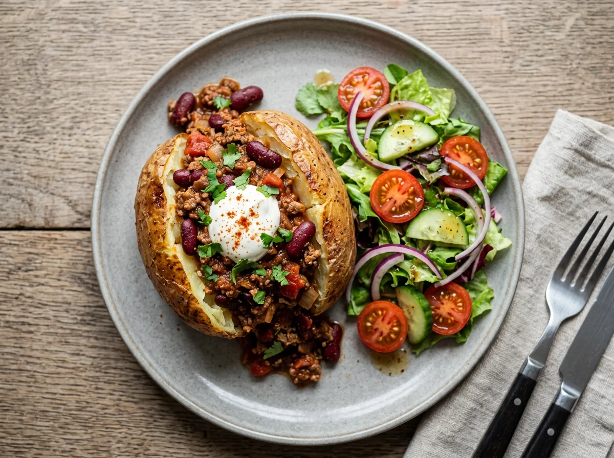 Jacket Potato with Chilli Con Carne and Side Salad photo