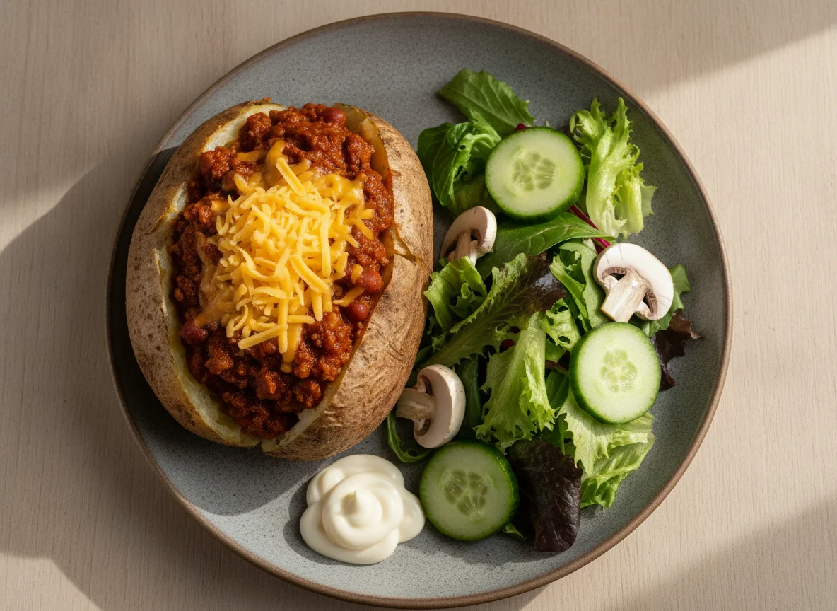 Jacket potato with chilli con carne, cheese and side salad photo
