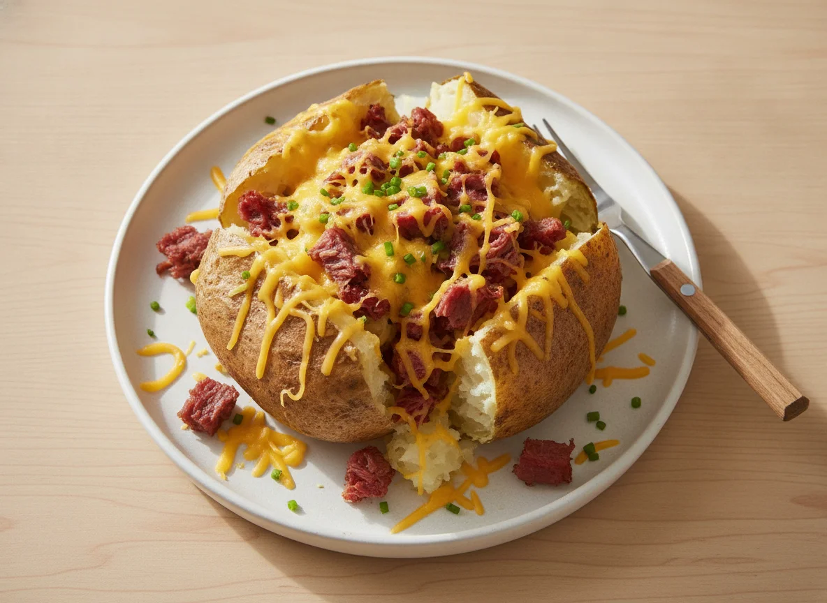 Jacket potato with grated cheese and corned beef photo