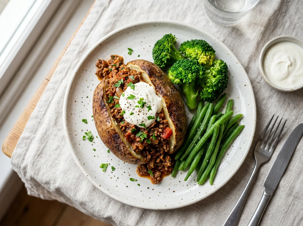 Jacket Potato with Minced Meat Topping and Vegetables photo