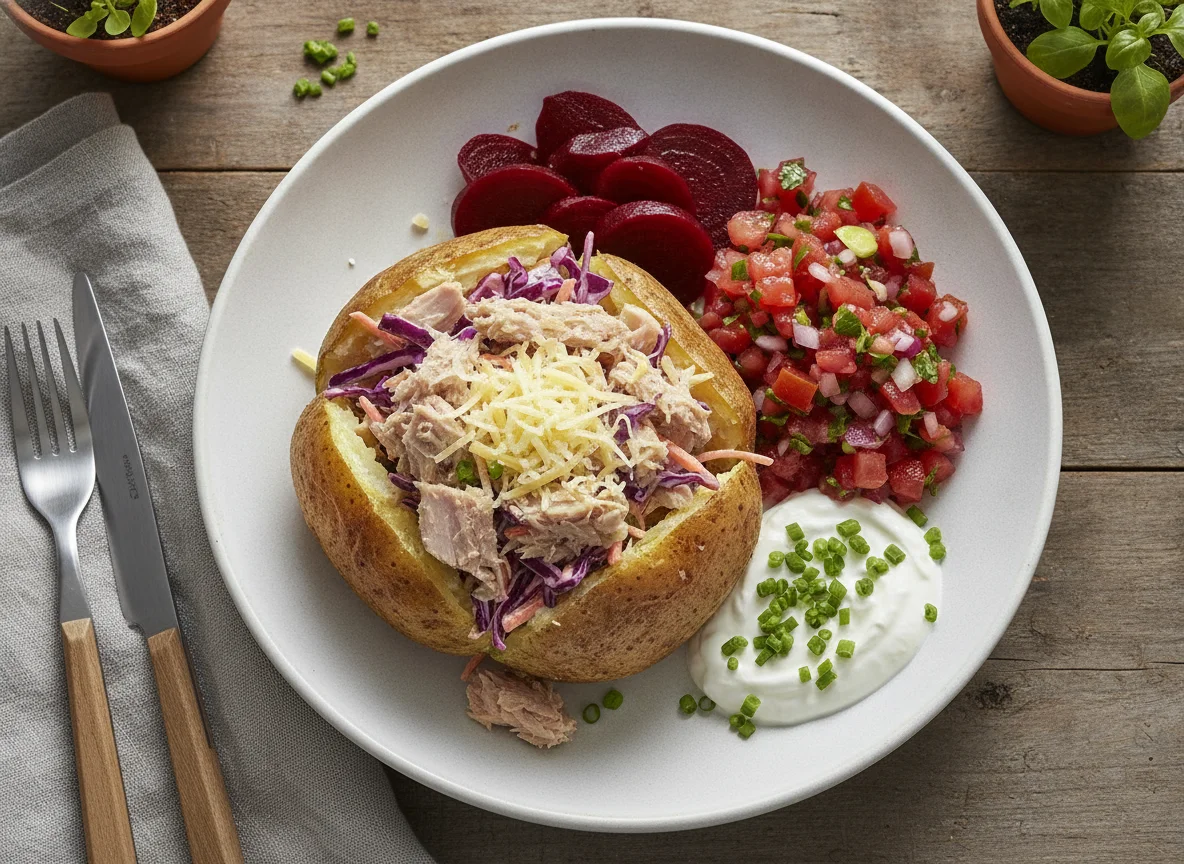 Jacket Potato with Tuna, Coleslaw, Beetroot and Salsa photo