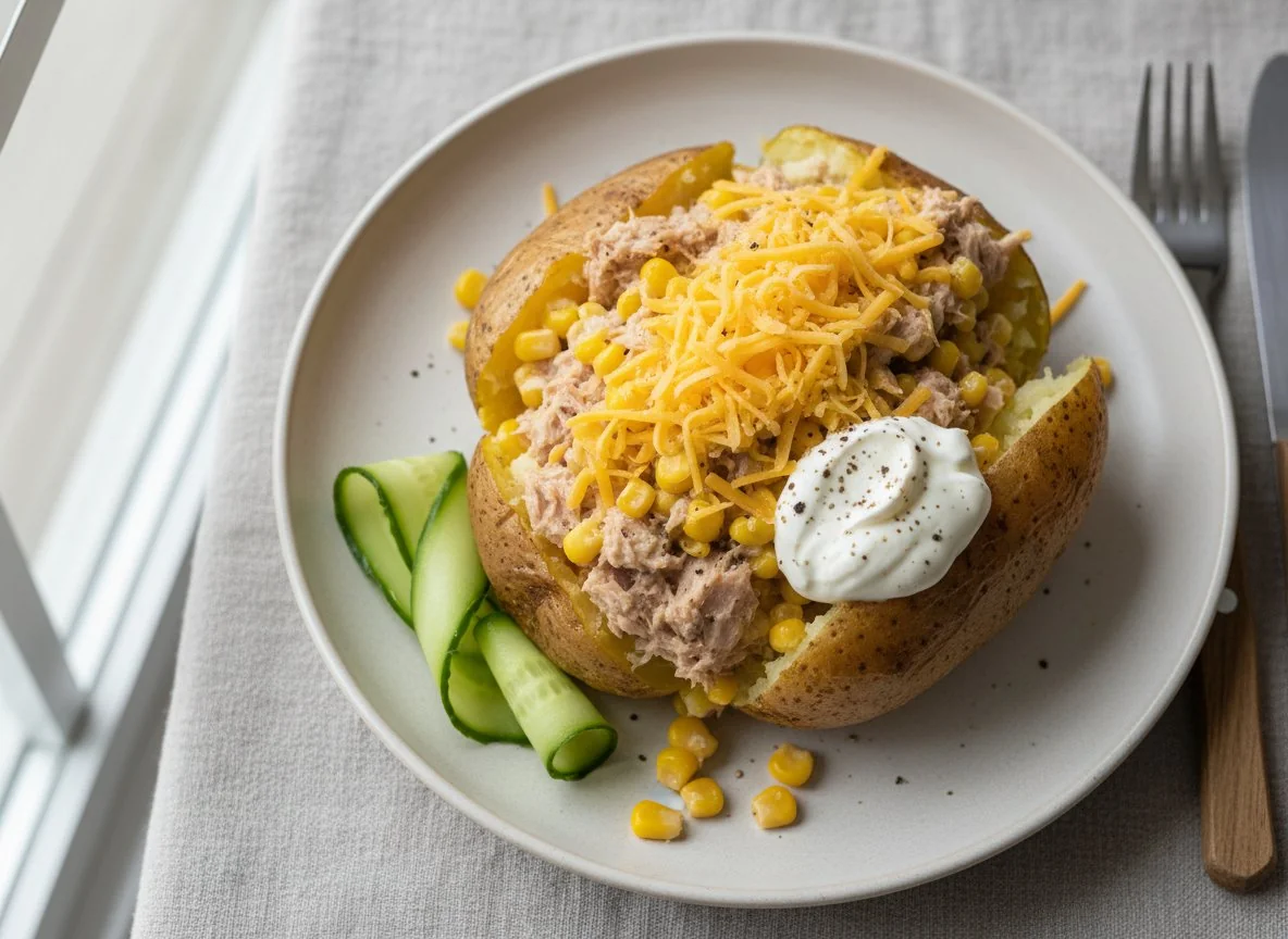 Jacket Potato with Tuna Mayo, Sweetcorn, Cheese, and Sour Cream photo
