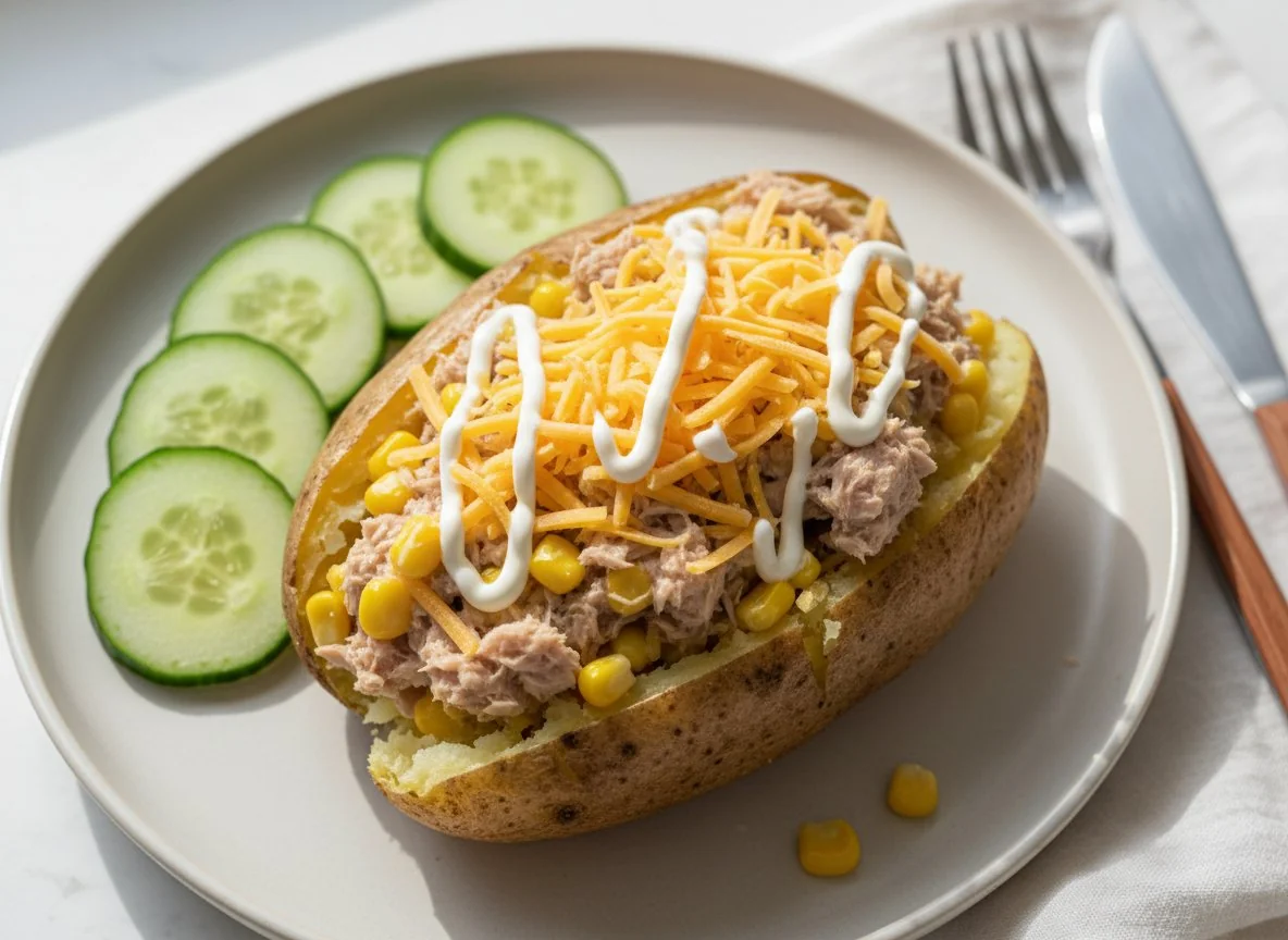 Jacket Potato with Tuna Mayonnaise, Sweetcorn, Cheese and Cucumber photo