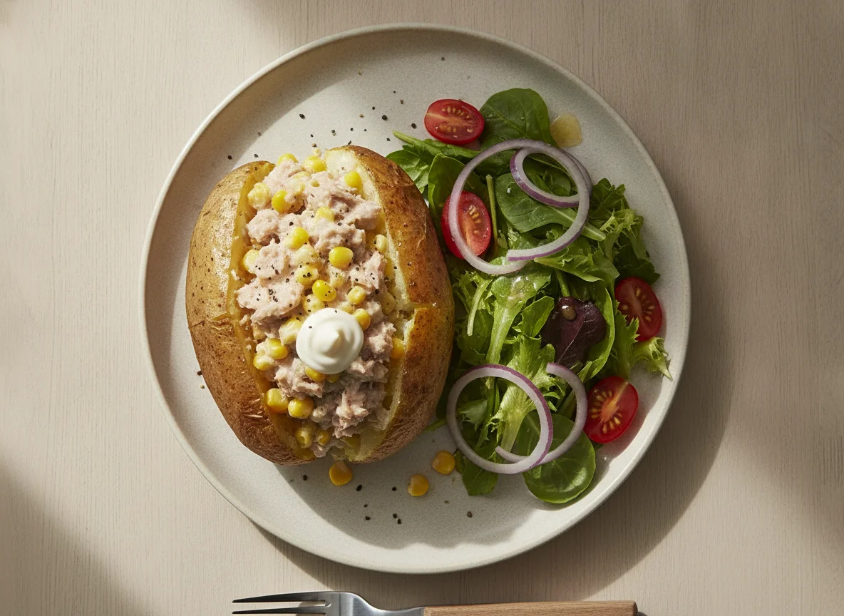 Jacket potato with tuna sweetcorn and side salad photo