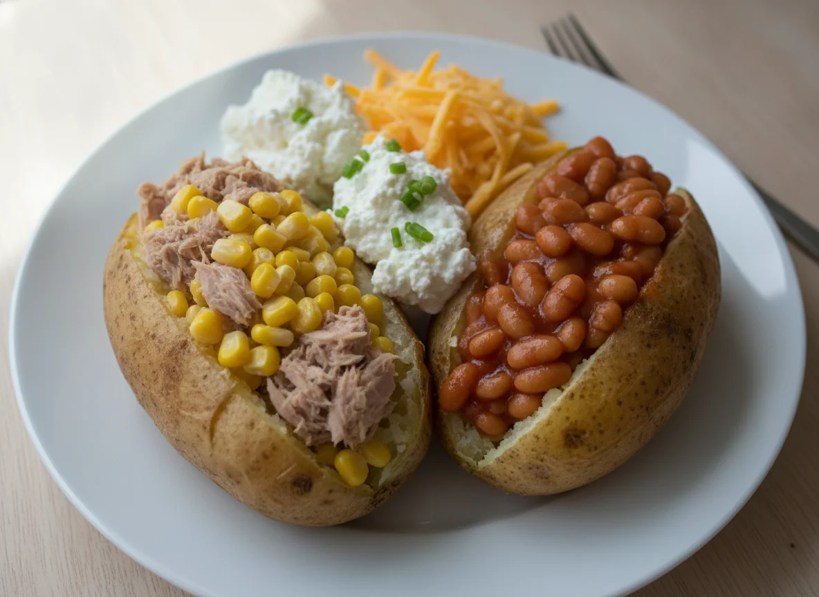 Jacket potato with tuna sweetcorn, baked beans, cheese and cottage cheese photo