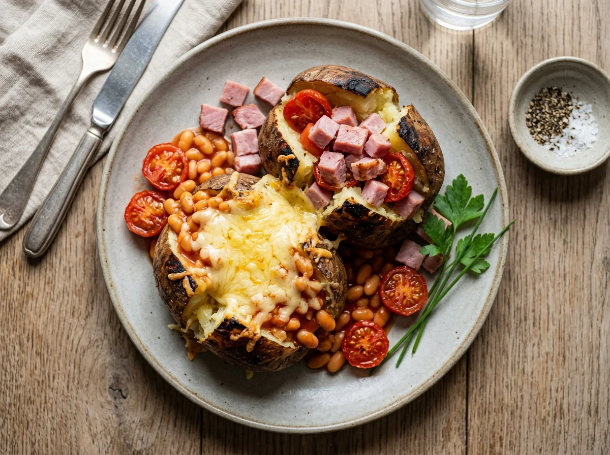Jacket Potatoes with Beans, Cheese, Ham and Tomatoes photo