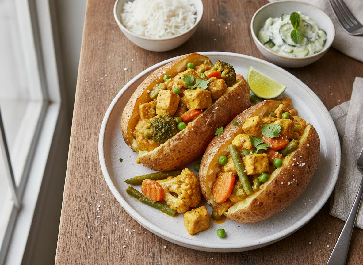 Jacket potatoes with chicken and veg curry photo