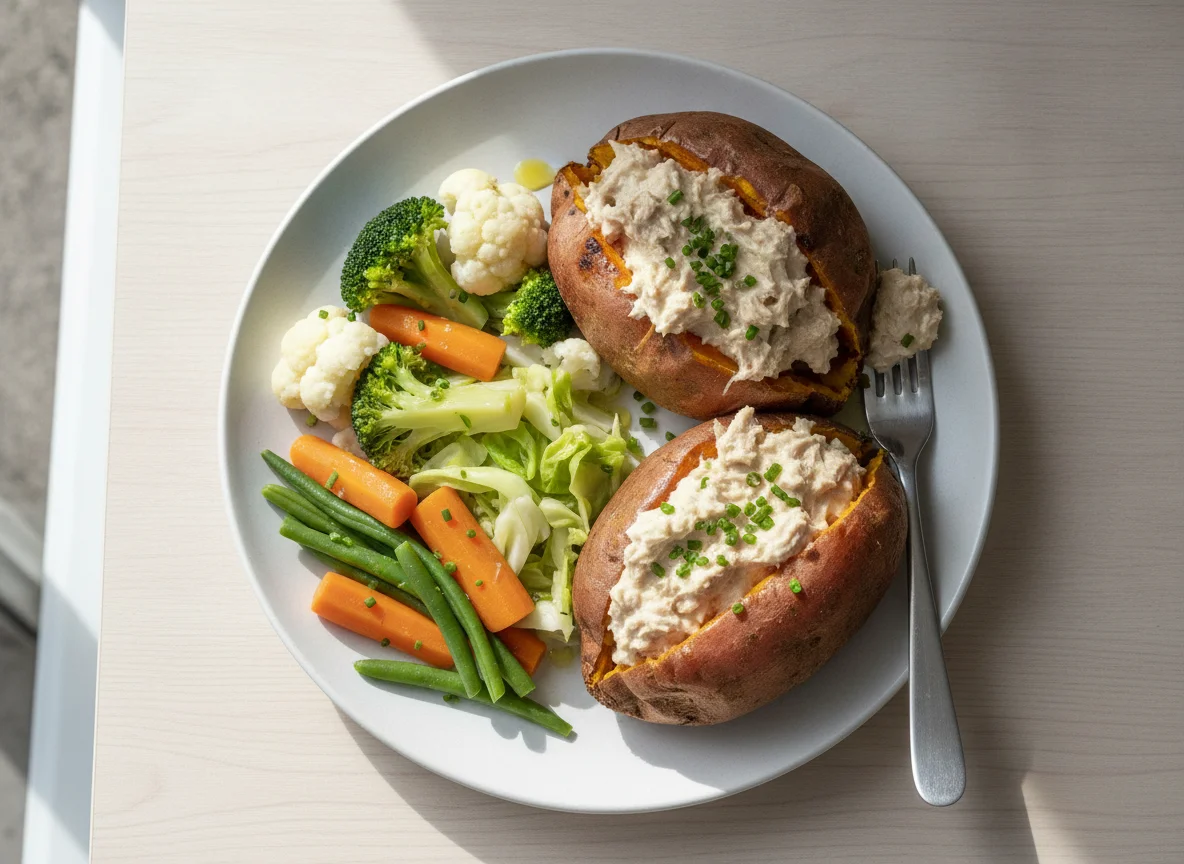 Jacket Sweet Potato with Tuna Mayo and Steamed Vegetables photo