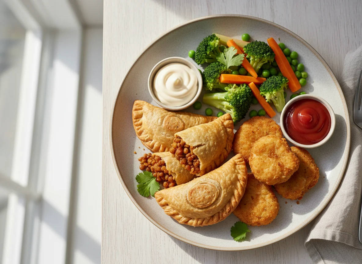 Jamaican Vegan Patties and Fried Chicken Croquettes with Vegetables and Sauces photo