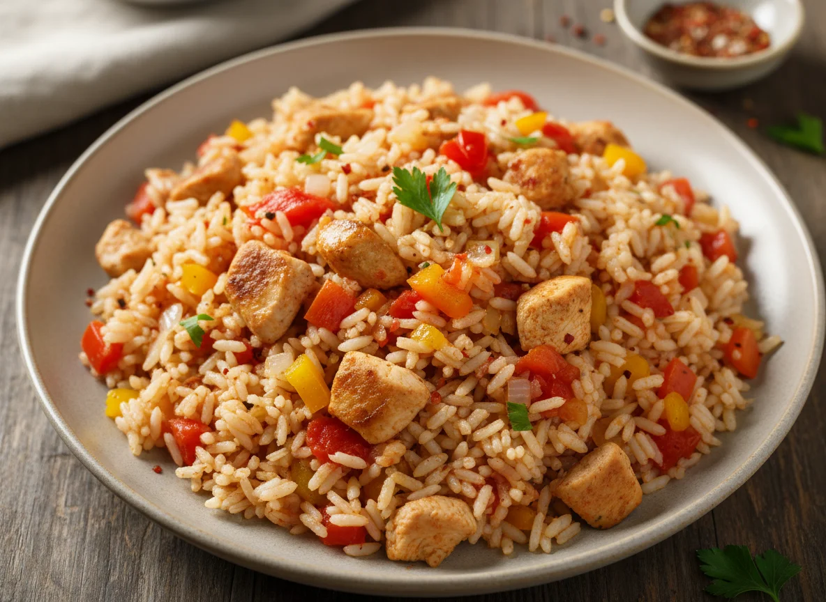 Jambalaya style rice with chicken and peppers photo