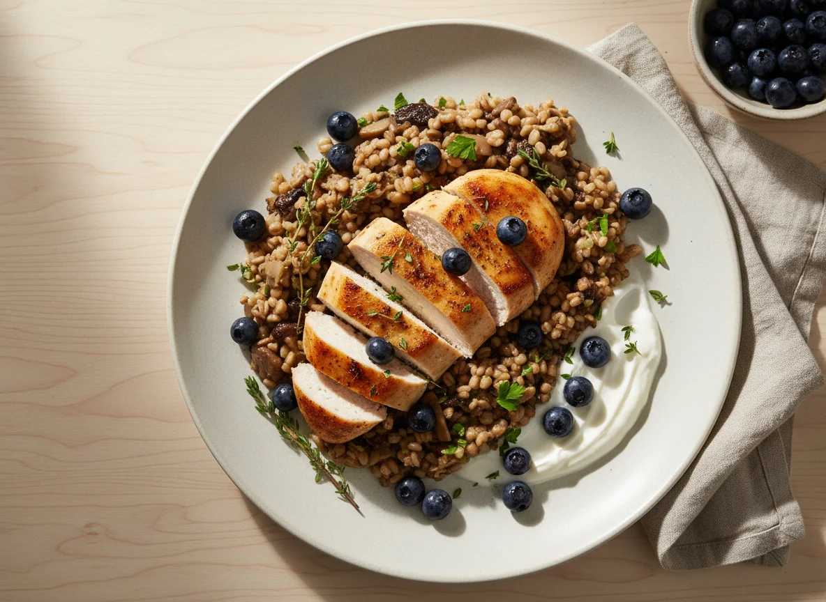 Jamie Oliver mushroom chicken with pearl barley and blueberries photo