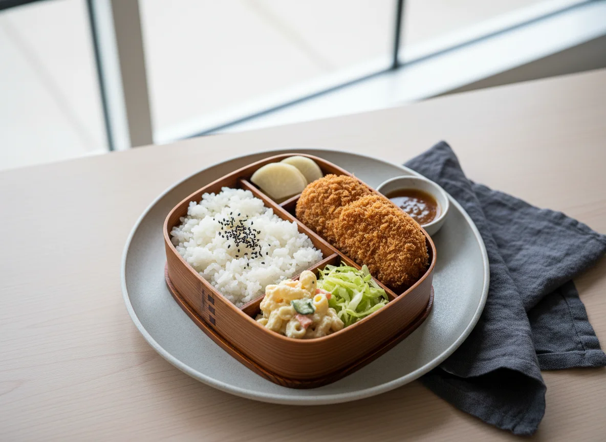 Japanese Bento Box with Croquettes photo