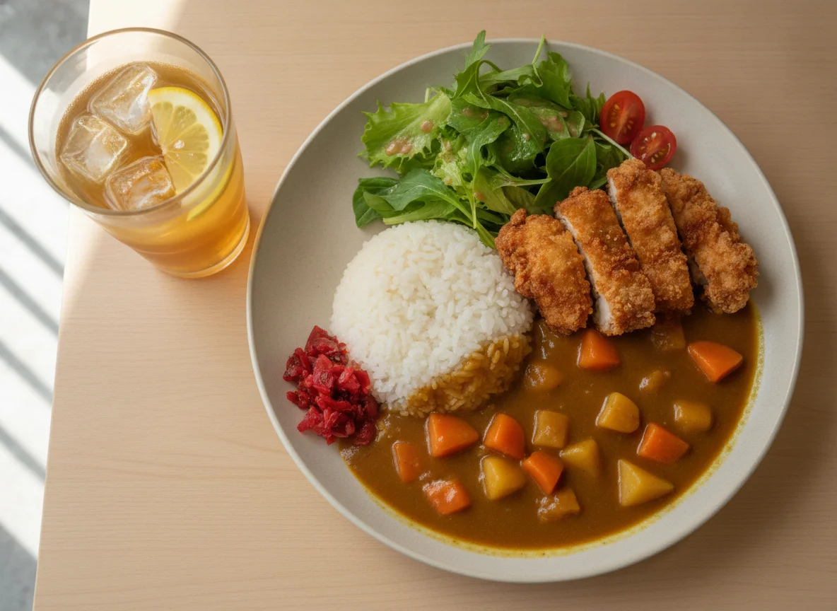 Japanese Chicken Curry with Rice and Side Salad photo