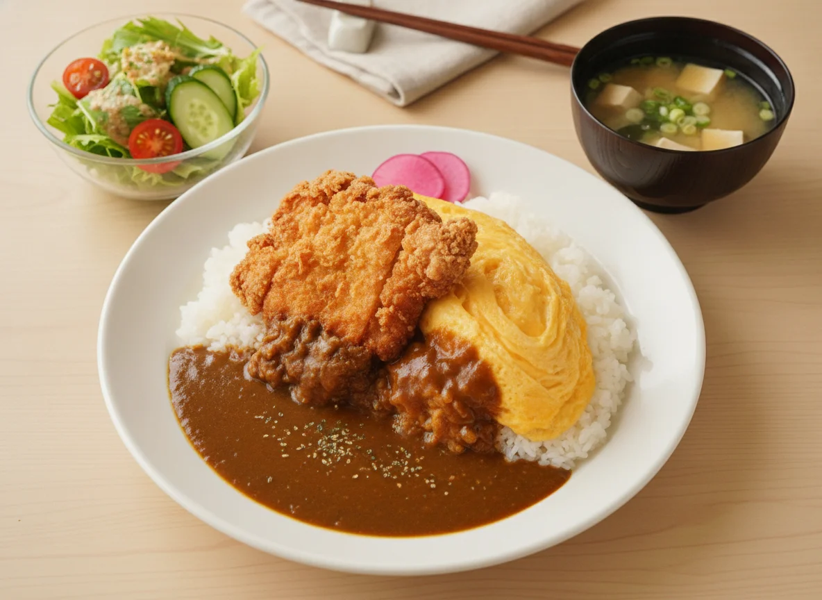 Japanese Curry Rice with Fried Chicken and Omelet photo
