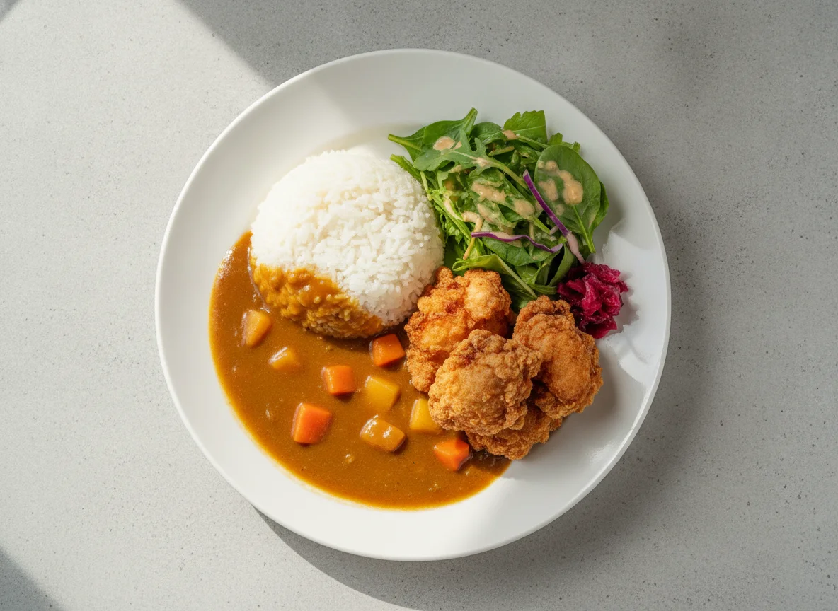 Japanese Curry Rice with Fried Chicken and Side Salad photo