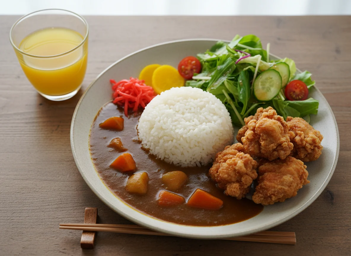 Japanese Curry with Fried Chicken, Rice, and Side Salad photo